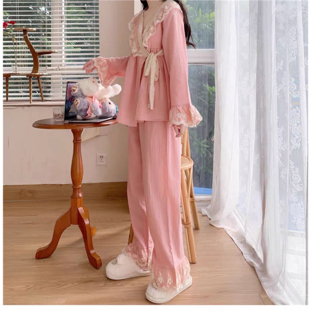 Set Bộ Dài Tay Viền Ren Cổ Chéo Phong Cách Dễ Thương Đáng Yêu