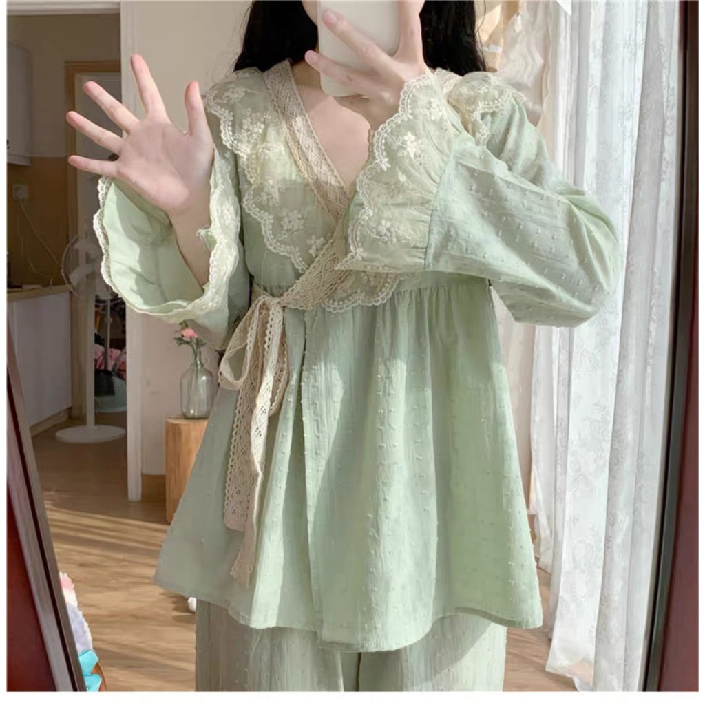 Set Bộ Dài Tay Viền Ren Cổ Chéo Phong Cách Dễ Thương Đáng Yêu