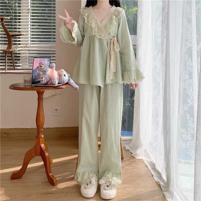 Set Bộ Dài Tay Viền Ren Cổ Chéo Phong Cách Dễ Thương Đáng Yêu