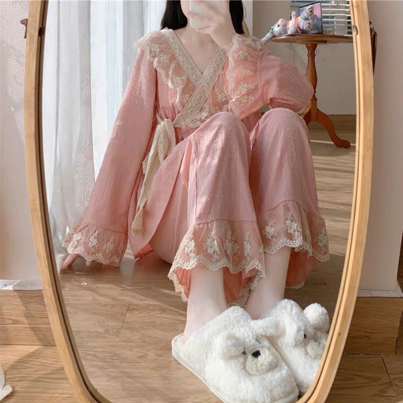 Set Bộ Dài Tay Viền Ren Cổ Chéo Phong Cách Dễ Thương Đáng Yêu