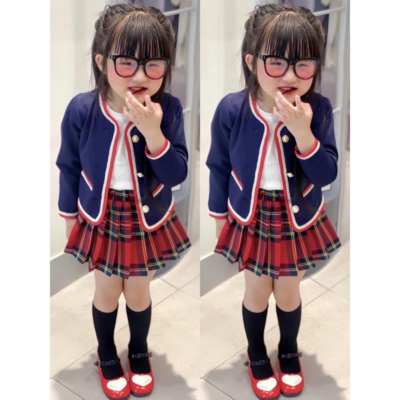 Set áo cadigan kèm chân váy kẻ đỏ cho bé