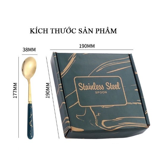Set 6 Thìa Inox Mạ Vàng Cán Sứ Màu Đen,Muỗng Mạ Vàng Cao Cấp