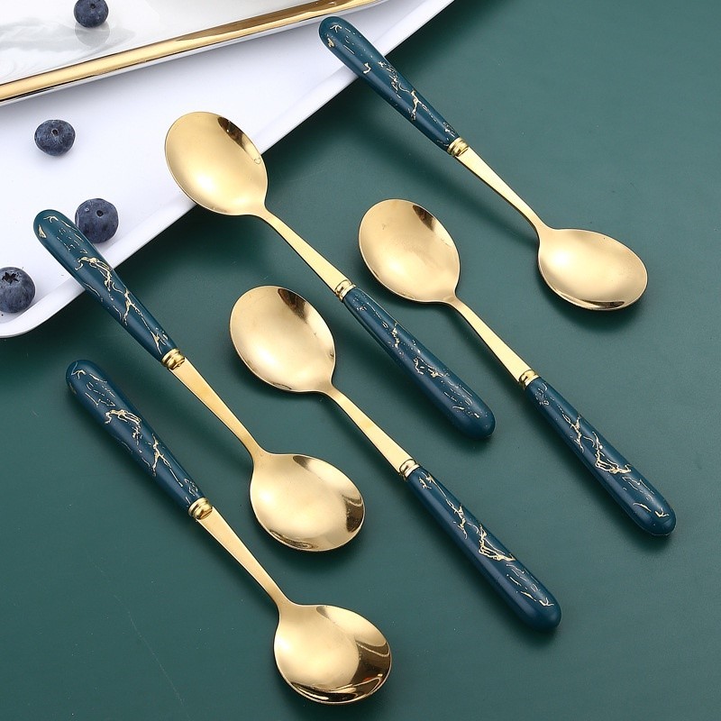 Set 6 Thìa Inox Mạ Vàng Cán Sứ Màu Đen,Muỗng Mạ Vàng Cao Cấp