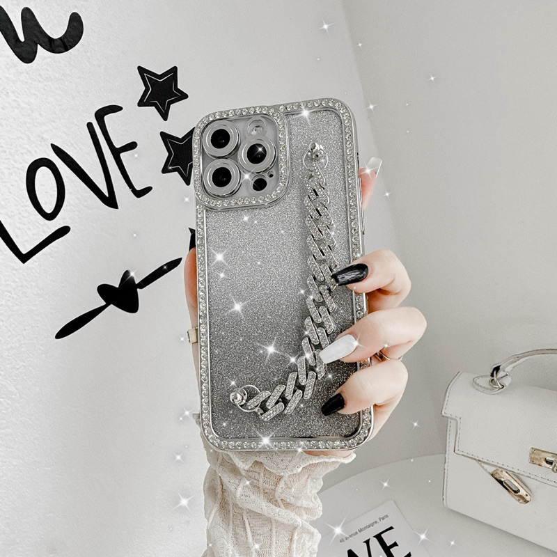 Ốp lưng viền đính đá bling DÂY ĐEO XÍCH ĐÁ cạnh vuông chống bẩn cho i phone 7 đến 15promax