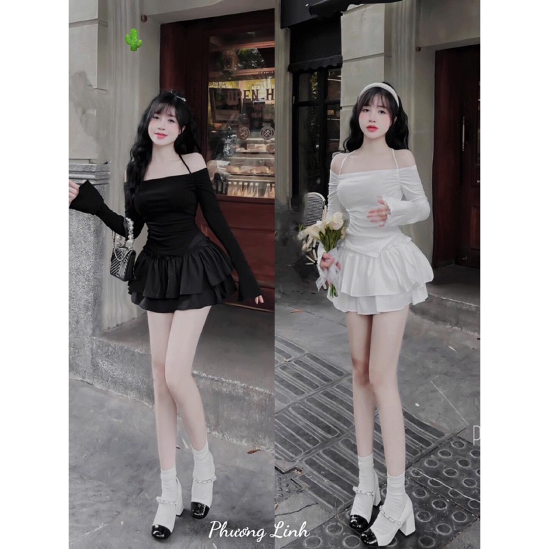 Set Bộ Áo Trễ Vai Tay Dài Vạt Xéo Chất Gân Dây Rút Chòng + Chân Váy Von Tầng