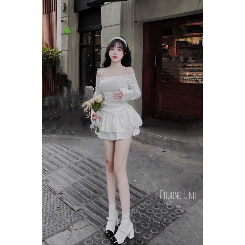 Set Bộ Áo Trễ Vai Tay Dài Vạt Xéo Chất Gân Dây Rút Chòng + Chân Váy Von Tầng