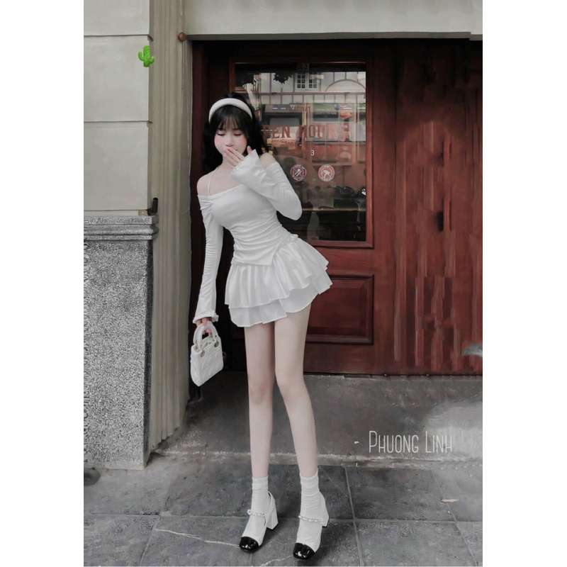 Set Bộ Áo Trễ Vai Tay Dài Vạt Xéo Chất Gân Dây Rút Chòng + Chân Váy Von Tầng