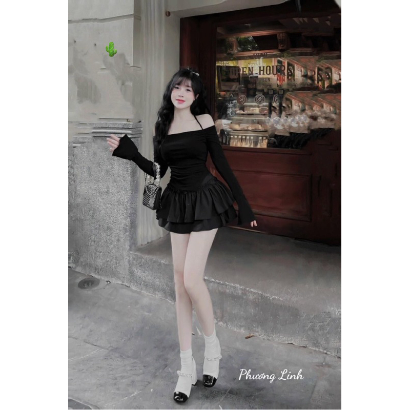 Set Bộ Áo Trễ Vai Tay Dài Vạt Xéo Chất Gân Dây Rút Chòng + Chân Váy Von Tầng
