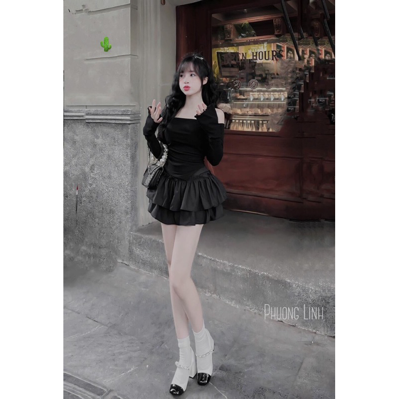 Set Bộ Áo Trễ Vai Tay Dài Vạt Xéo Chất Gân Dây Rút Chòng + Chân Váy Von Tầng
