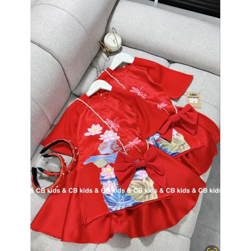 Set áo dài đỏ cách tân bé gái lụa mềm 4 chi tiết