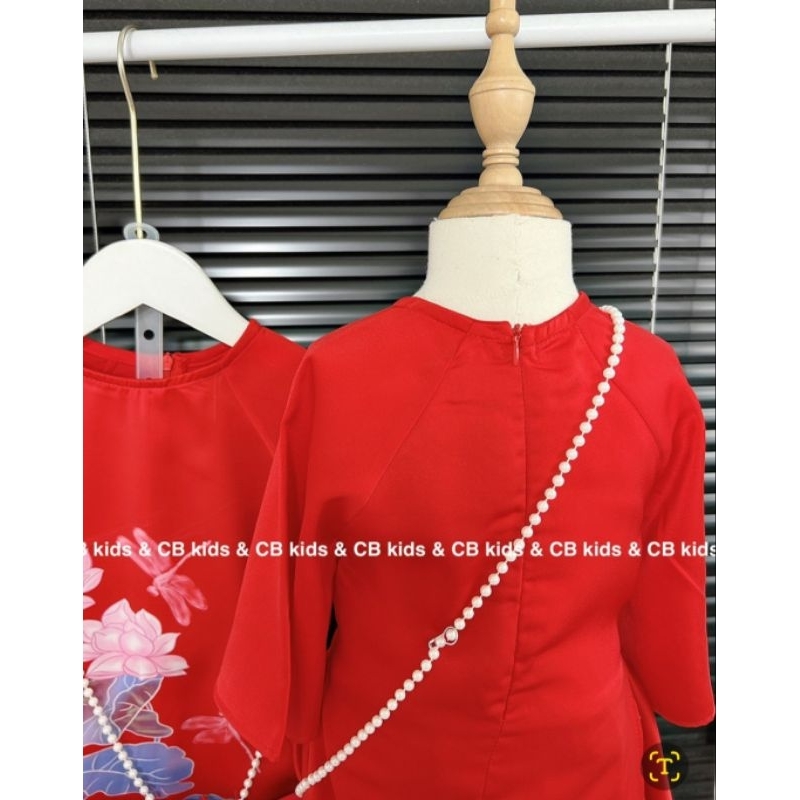 Set áo dài đỏ cách tân bé gái lụa mềm 4 chi tiết