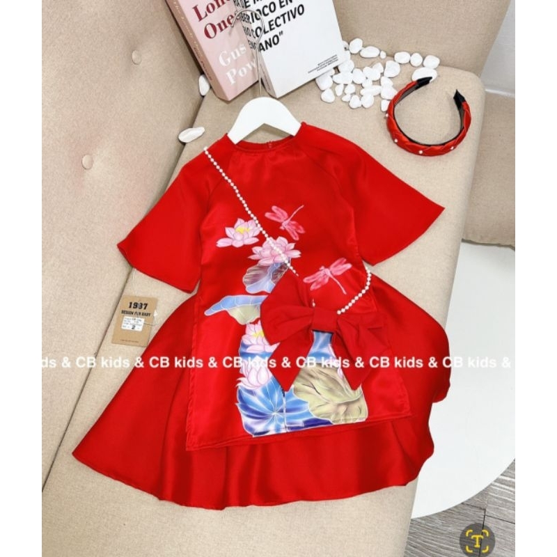 Set áo dài đỏ cách tân bé gái lụa mềm 4 chi tiết