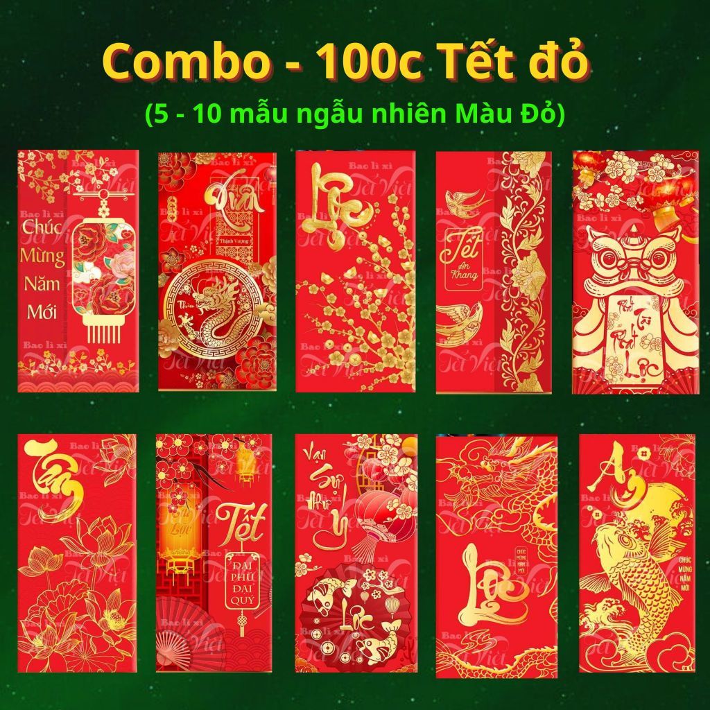 Bao Lì Xì 100 Cái TẾT ĐỎ Nhiều Mẫu Siêu Đẹp Lì Xì Tết 2024 Lì Xì Truyền Thống Bao Lì Xì Đỏ - BỐ KHỦNG LONG