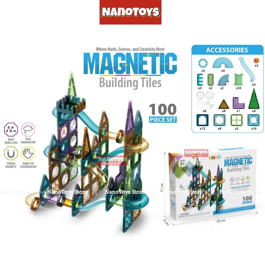 Đồ chơi xếp hình nam châm thả bi - nhà xe nam châm - 7 size 43, 69, 100, 105, 149, 158, 200 chi tiết - NANOTOYS STORE