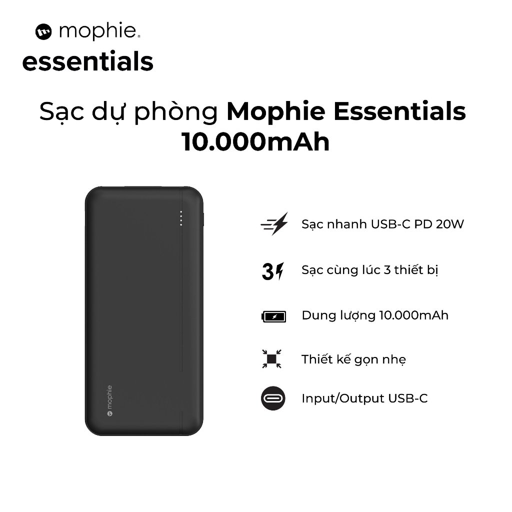 Sạc dự phòng Mophie Essentials 10.000mAh, 20.000mAh/3.7V PD20W 2 USB-A 1 USB-C