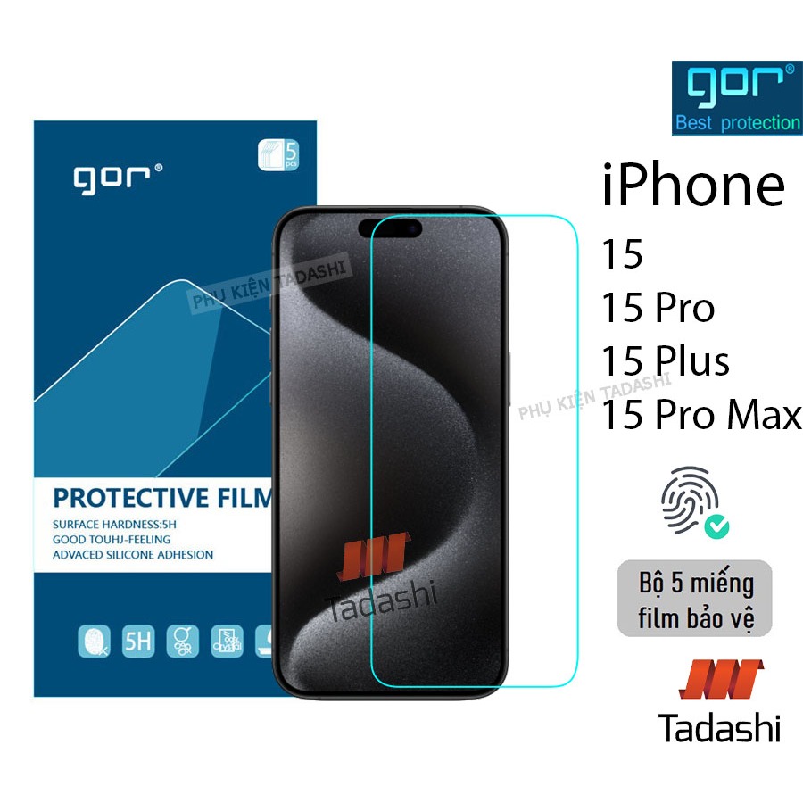 Miếng dán màn hình Gor Iphone 15 Pro Max/ 15 Pro/ 15 Cảm ứng nhạy Chống trầy xước, Hạn chế vân tay - Hãng Gor (5 miếng)