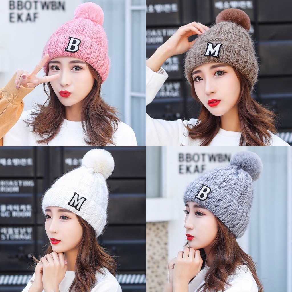 Mũ len cục bông lót lông nón len giữ ấm chữ B chữ M
