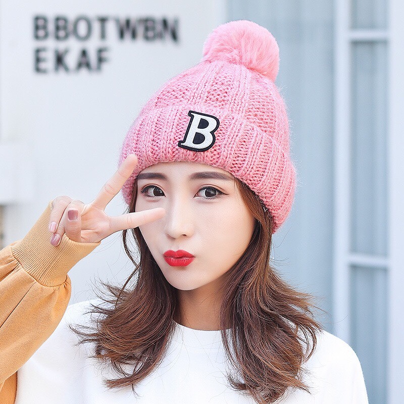 Mũ len cục bông lót lông nón len giữ ấm chữ B chữ M