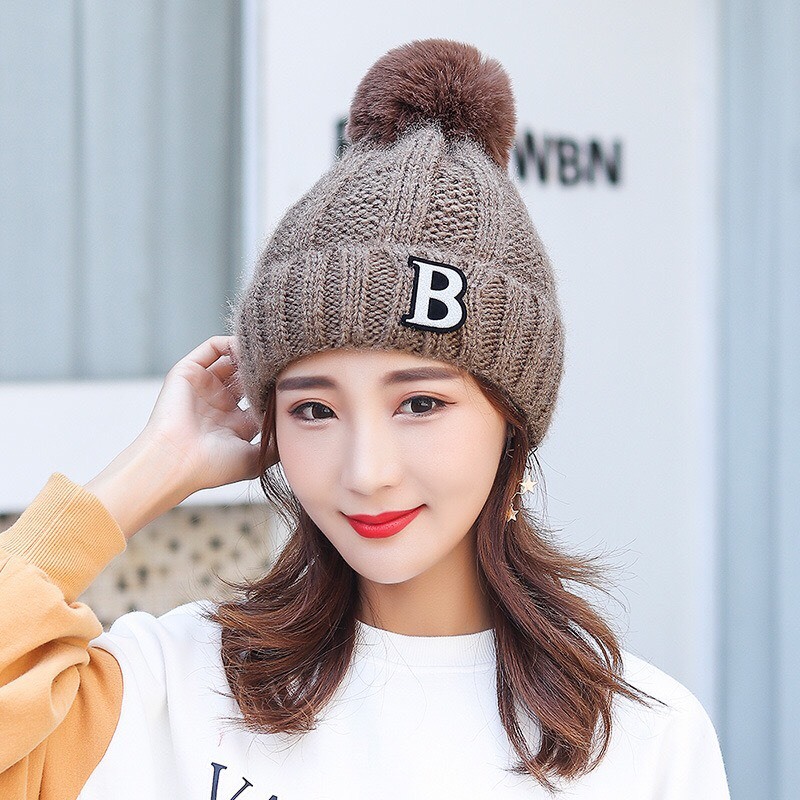 Mũ len cục bông lót lông nón len giữ ấm chữ B chữ M