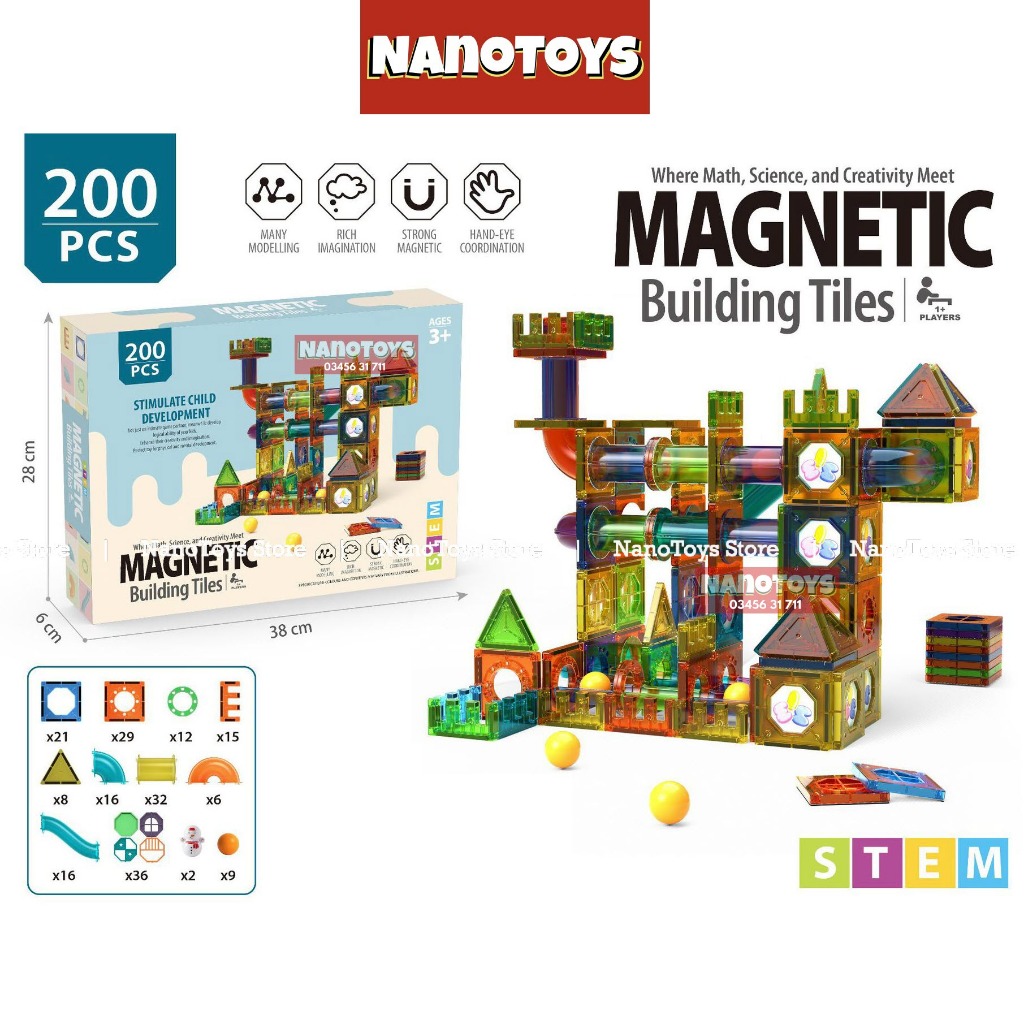Đồ chơi xếp hình nam châm thả bi - nhà xe nam châm - 7 size 43, 69, 100, 105, 149, 158, 200 chi tiết - NANOTOYS STORE