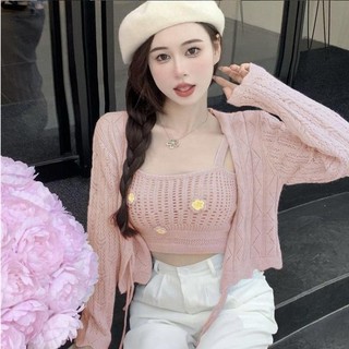 Set áo len cardigan buộc dây kèm áo dây len nữ đan len dày dặn đính hoa phong cách ngọt ngào