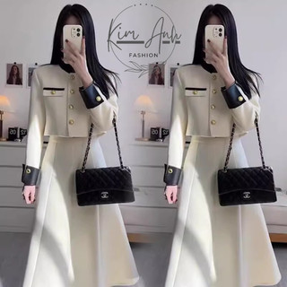 Set váy nữ - Váy dạ Quảng Châu,  Áo khoác cổ tàu đính cúc đồng kèm chân váy xếp ly dáng xòe cực xinh mùa Thu Đông