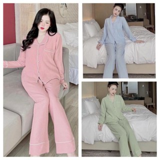 Sét bộ pyjama xốp nhăn cổ vét tay dài quần dài