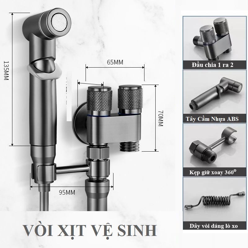 Bộ Vòi Xịt Nhà Vệ Sinh Tăng Áp Chia 2 Đường Nước Chất Liệu INOX và Đồng - OENON