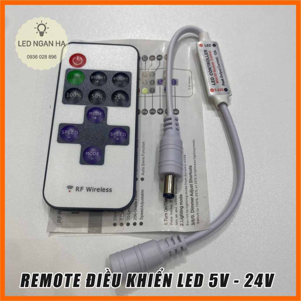 Bộ điều khiển kèm remote RF dùng cho led dây, neon, thanh led điện áp 12V