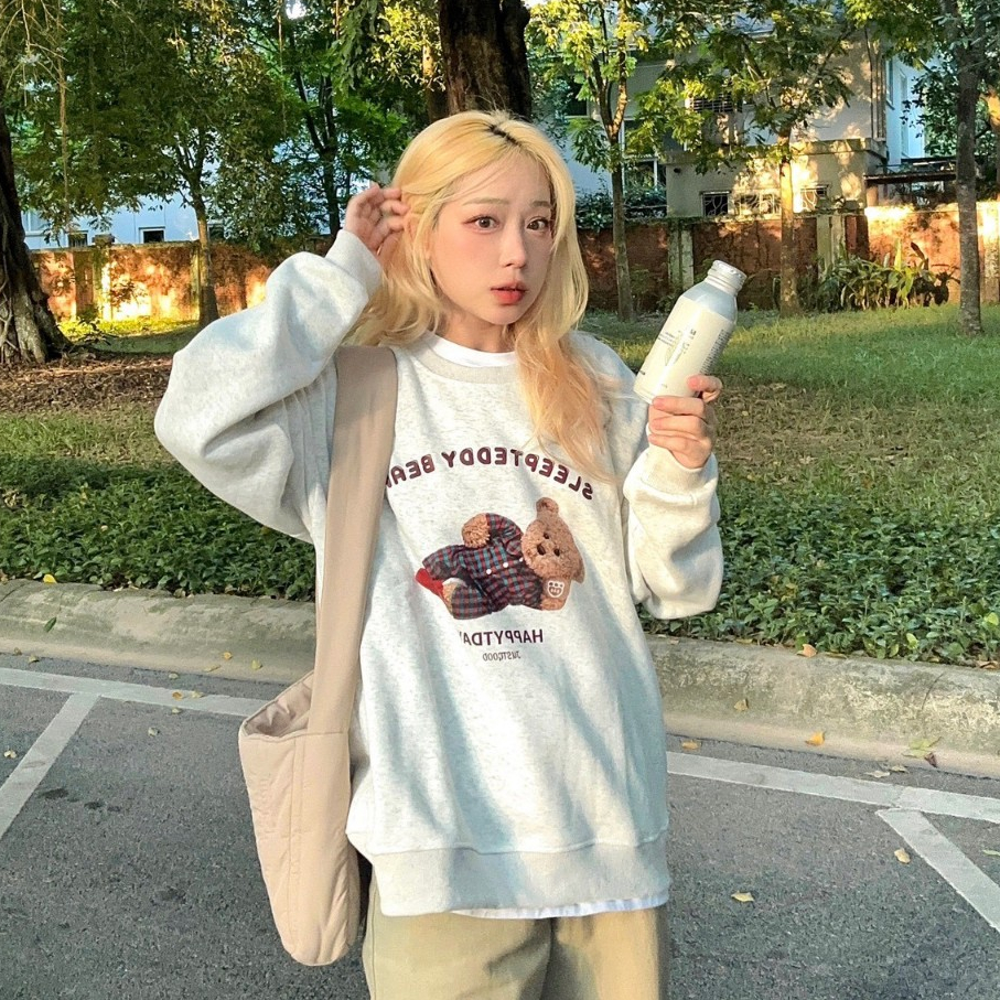 Áo sweater nỉ bông Gấu TEDDY AMORSTUDIO  unisex màu tiêu sáng nam nữ mặc được có size tới 85kg