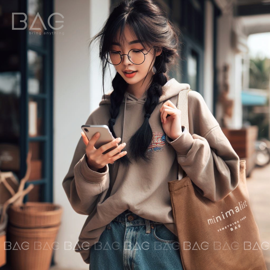 Túi tote vải màu nâu đeo vai, túi local brand từ BAG với phong cách vintage tối giản