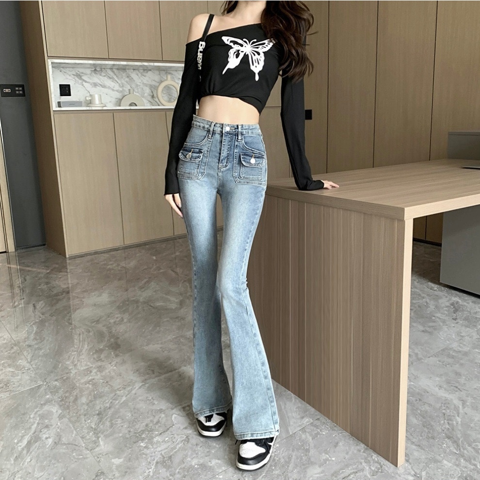 Quần Jeans Ống Loe Túi Hộp Lưng Cao Hách Dáng