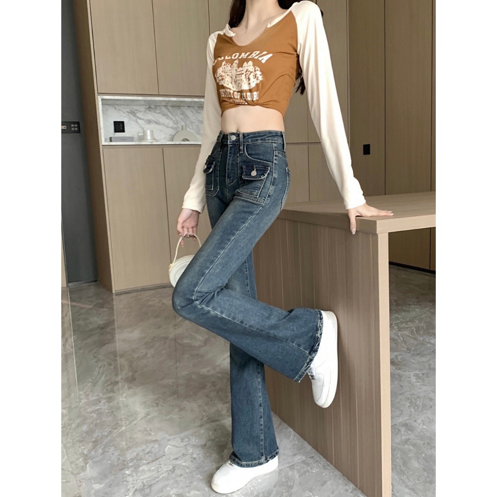 Quần Jeans Ống Loe Túi Hộp Lưng Cao Hách Dáng