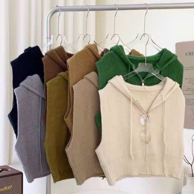 Áo Khoác Gile Len Nữ Có Mũ Phong Cách Vintage, Áo Gile Nữ Form Rộng Áo Len Sát Nách Thời Trang Thu Đông