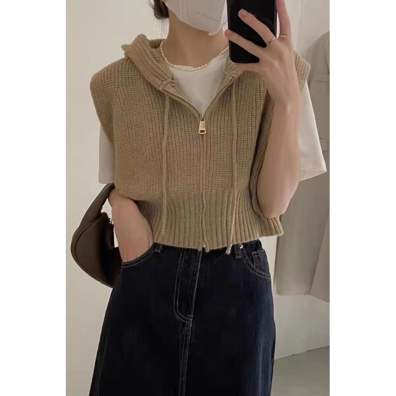 Áo Khoác Gile Len Nữ Có Mũ Phong Cách Vintage, Áo Gile Nữ Form Rộng Áo Len Sát Nách Thời Trang Thu Đông