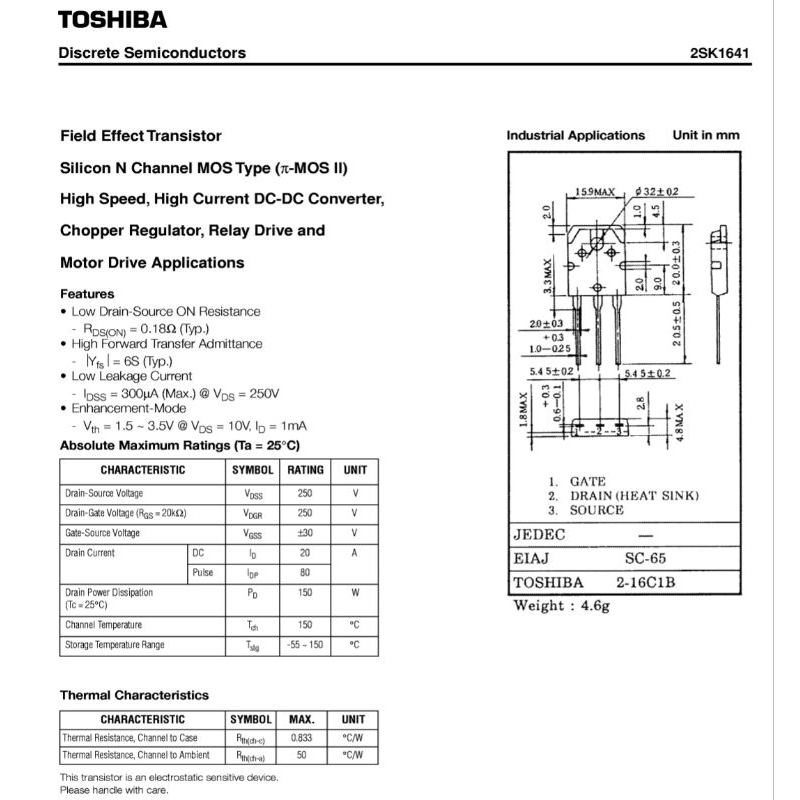 Mosfet công suất K1641, 2SK1641 N-Channle 250V 20A 150W TO-3P