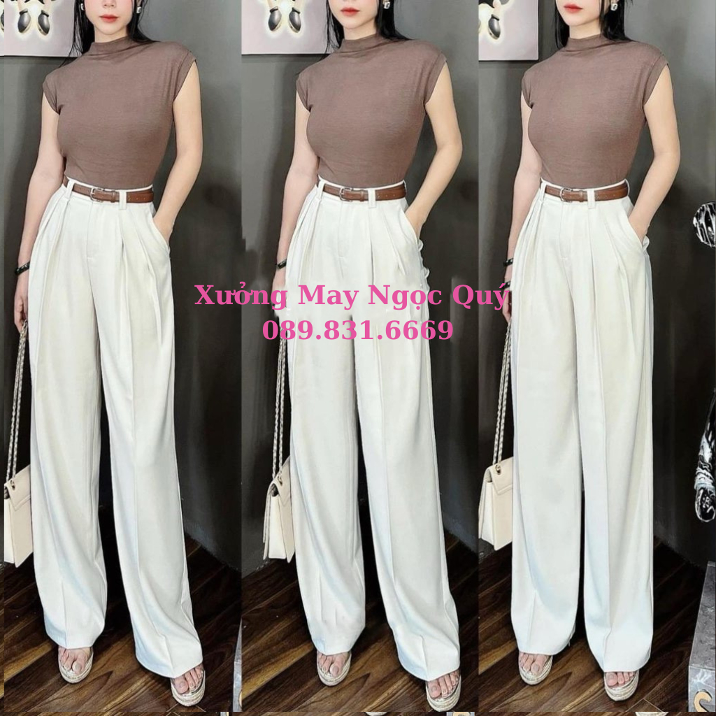 Quần ống suông chiết ly đỉa to ống rộng dài 103cm siêu hách dáng