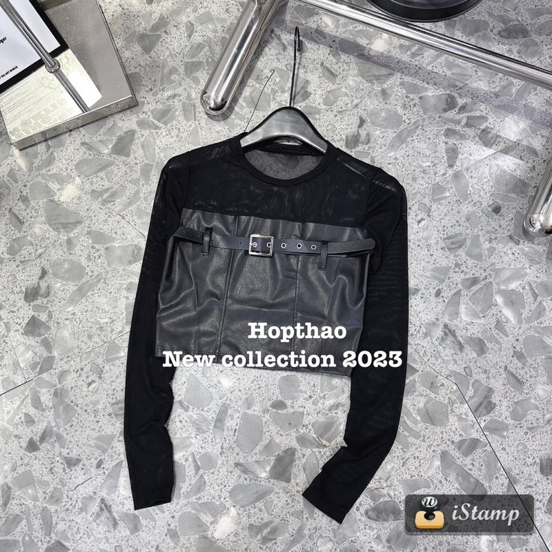 ÁO KIỂU LƯỚI ĐAI NGANG PHA DA CỔ TRÒN SEXY MS14667