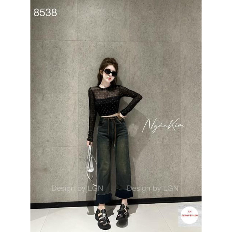 ÁO KIỂU LƯỚI ĐÍNH ĐÁ CỔ TRÒN SEXY TAY DÀI MS12273