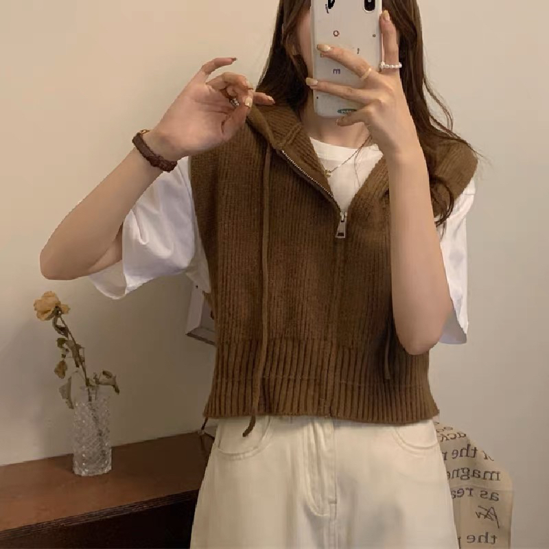 Áo Khoác Gile Len Nữ Có Mũ Phong Cách Vintage, Áo Gile Nữ Form Rộng Áo Len Sát Nách Thời Trang Thu Đông