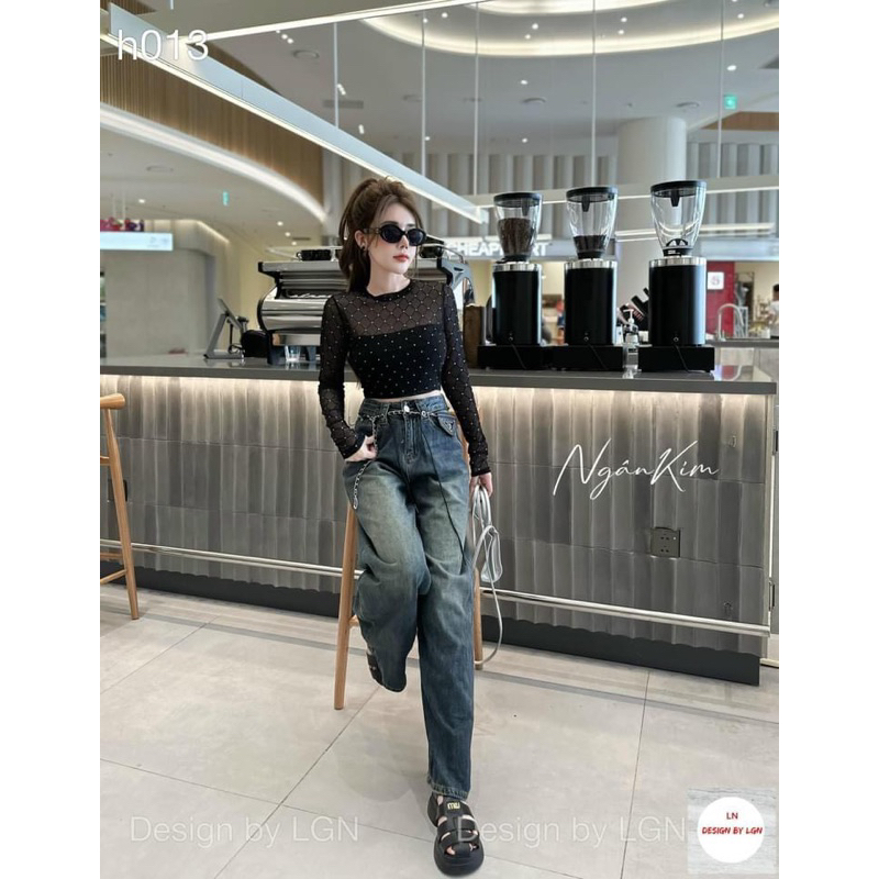 ÁO KIỂU LƯỚI ĐÍNH ĐÁ CỔ TRÒN SEXY TAY DÀI MS12273