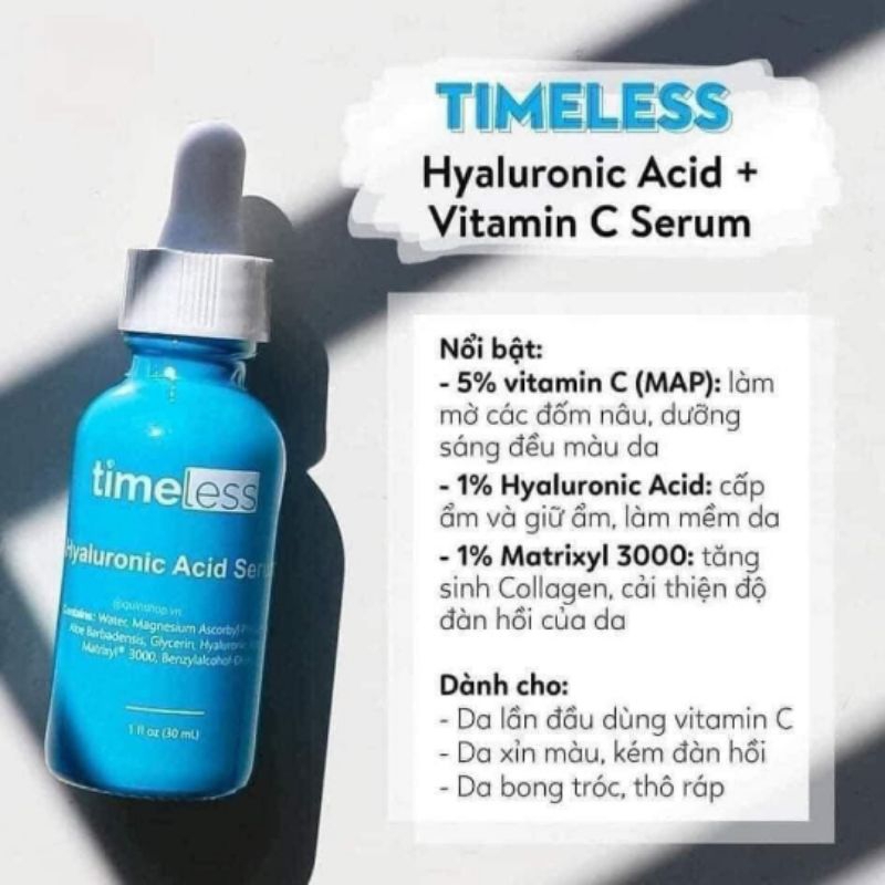 [BILL MỸ] Tinh Chất Cấp Nước, Sáng Da Ngừa Lão Hóa Timeless Hyaluronic Acid + Vitamin C Serum 30ml