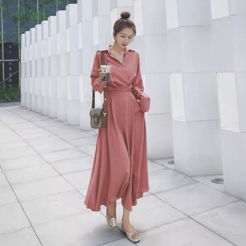 Đầm váy sơ mi nút eo tay dài 2 màu