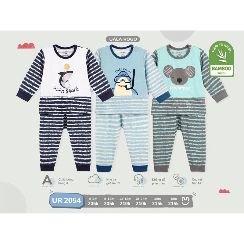 Bộ quần áo dài tay cho be trai bé gái hãng uala rogo