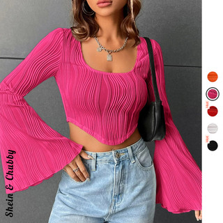 [Bigsize 50-85kg / Order] Áo thun croptop cổ vuông tay loe dáng yếm vải gân nổi phong cách 4 màu