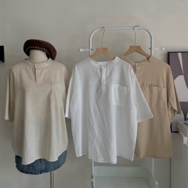 Áo sơ mi kiểu nữ, áo cổ tàu tay ngắn chất linen 3 màu sang xịn chuẩn hàn thời trang B.Y Tea Clothing