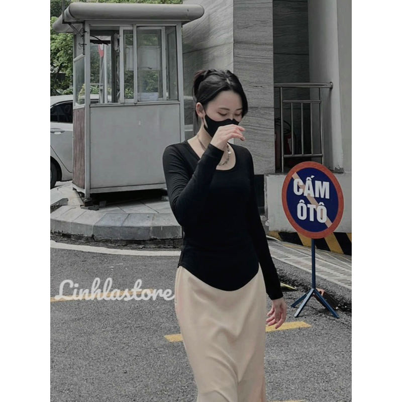 Áo thun zip co giãn vạt bầu dài tay linhla ulzzang thu đông