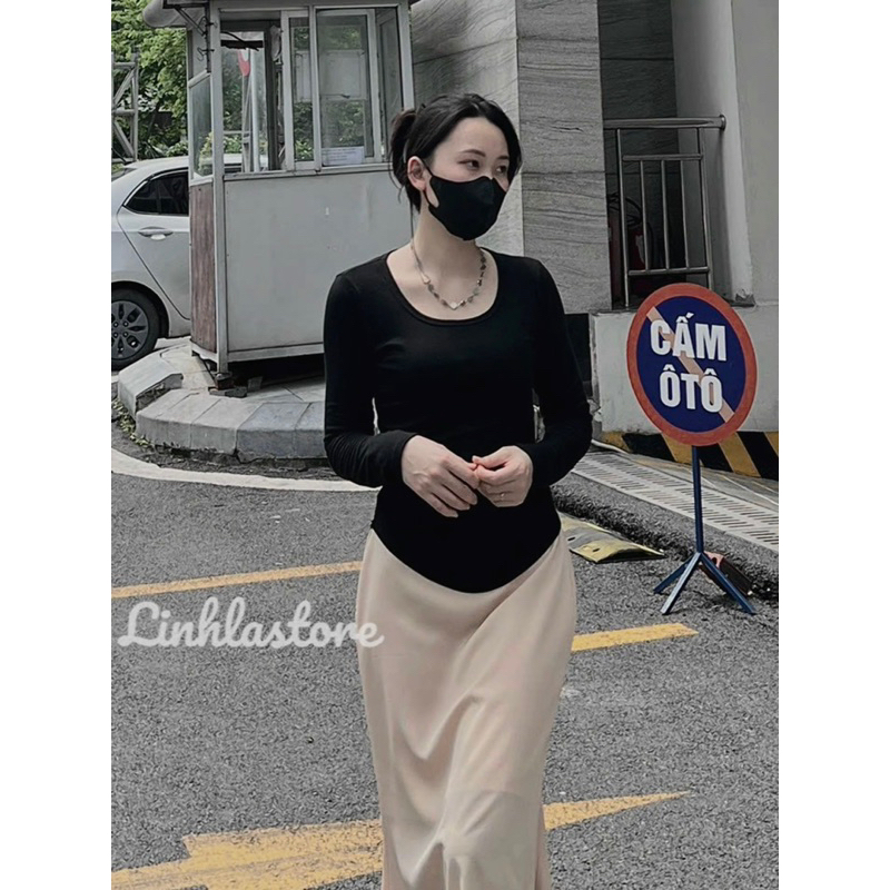 Áo thun zip co giãn vạt bầu dài tay linhla ulzzang thu đông