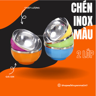 Chén inox 12cm cách nhiệt 2 lớp - chén ăn cơm nhiều màu