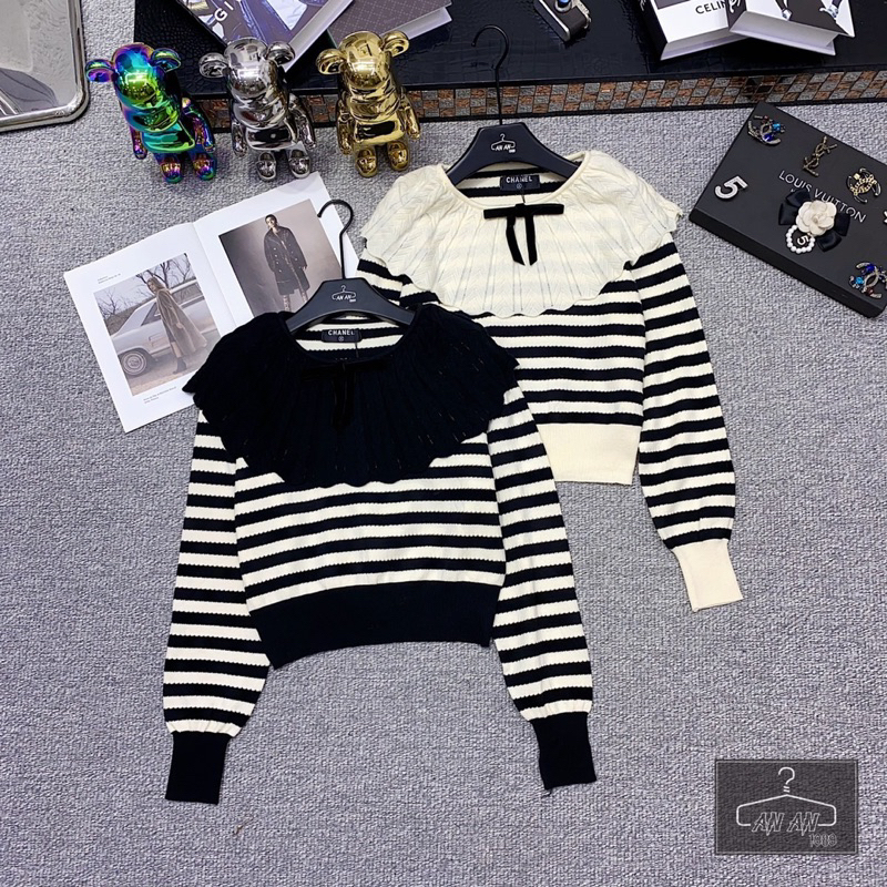 Áo Len Kẻ Cổ Bèo Nơ